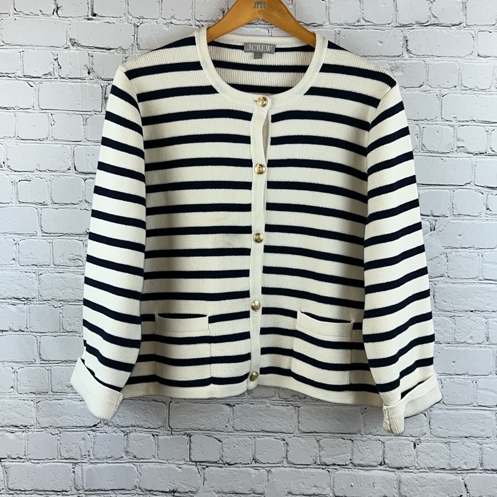 J. Crew Cream and Black Striped Button-Front Cardigan